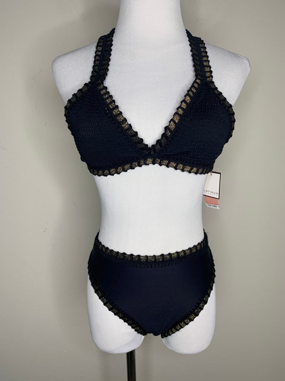 NWT Pilyq Platinum Bikini Black Gold Crochet Triangle Tie Bikini Bottom Sz Small
